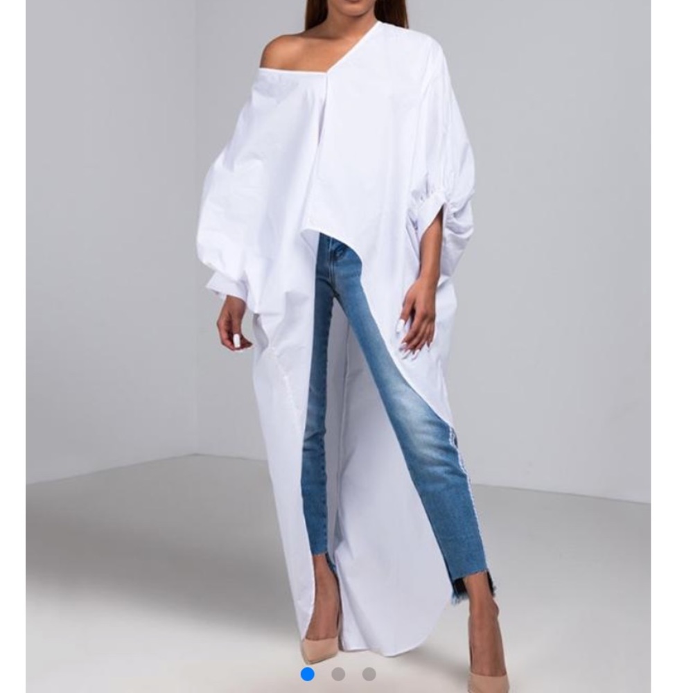 White Puff Sleeves High-Low V Neck Shirt